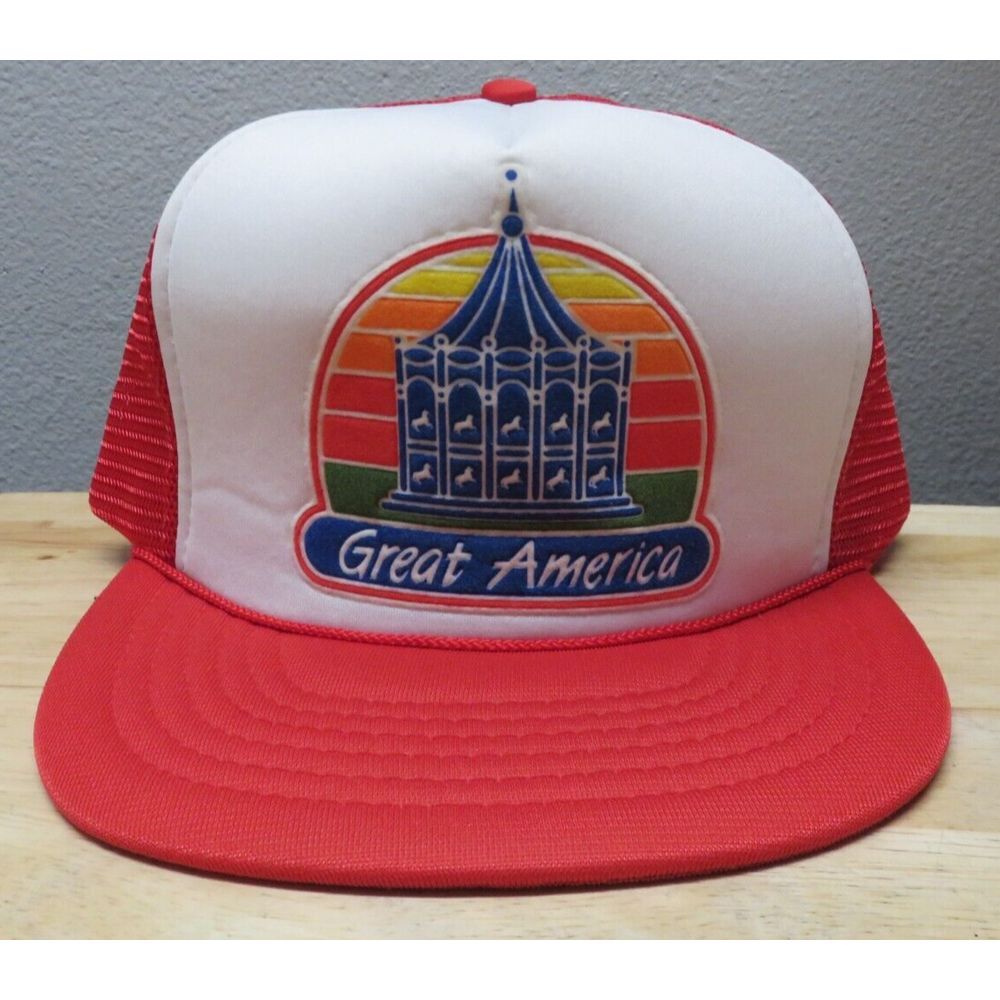 Vintage Great America Snapback Hat Cap Red White USA 1980's Carousel Logo 90s